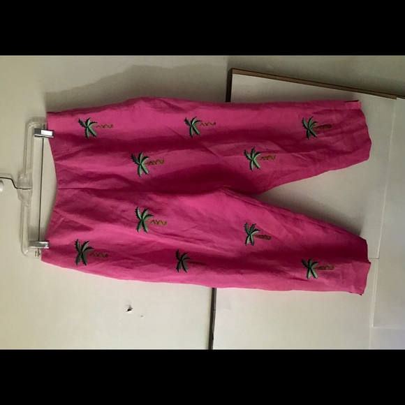 New CJ Laing Pink Linen Pants with Palm Trees Pink size 14 Cruise Summer - Picture 2 of 16